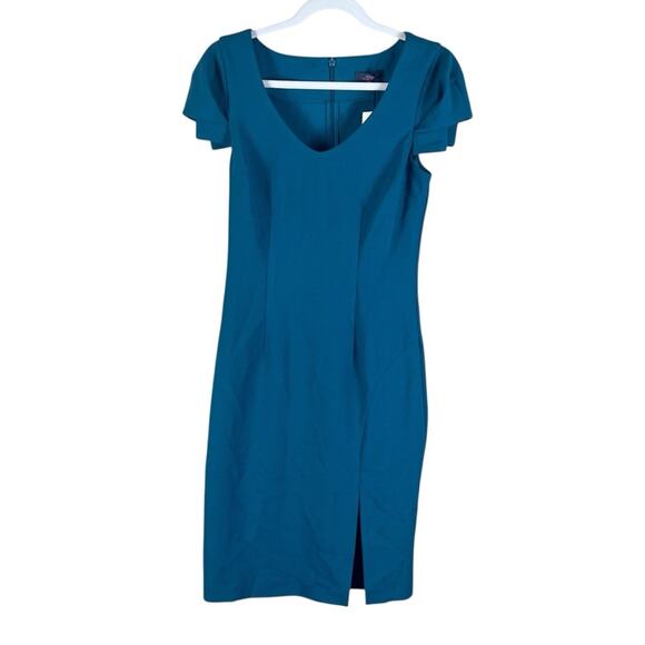 Trina Turk NWT Tine Cap Sleeve Mini Cocktail Dress Slit Party Petrol Teal Size 2 - Picture 1 of 8